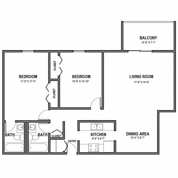 Floor plan for 2 beds, 2 baths, 1050 sqft